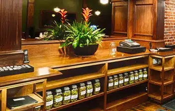 Cannabis dispensary interior featuring wooden counter, jars of marijuana products, and decorative plants, illustrating the retail environment for cannabis sales.