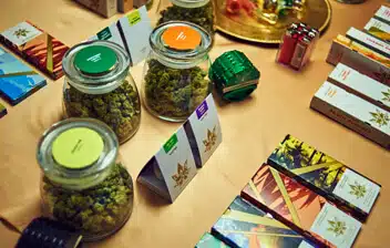Cannabis products displayed on a table, including jars of marijuana buds, colorful packaging, and promotional cards, highlighting the cannabis industry and product offerings relevant to cannabis product liability insurance.