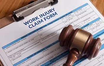 Work injury claim form with a gavel, representing cannabis workers compensation insurance and legal claims related to workplace injuries in the cannabis industry.