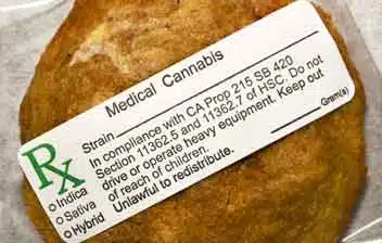 Medical cannabis cookie labeled with strain information and compliance details, emphasizing cannabis product liability and safety regulations relevant to the cannabis insurance industry.