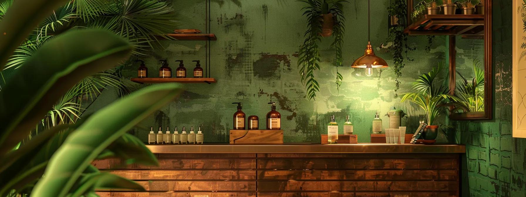 Cannabis dispensary interior with wooden counter, shelves of product bottles, green plants, and warm lighting.