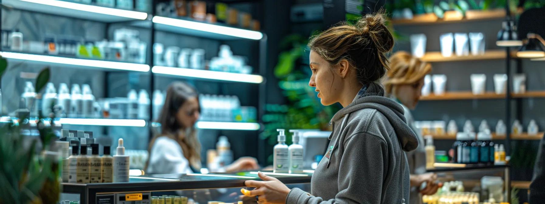 Woman examining cannabis-related products in a well-lit dispensary, surrounded by shelves of skincare and wellness items, emphasizing the retail aspect of the cannabis industry in California.