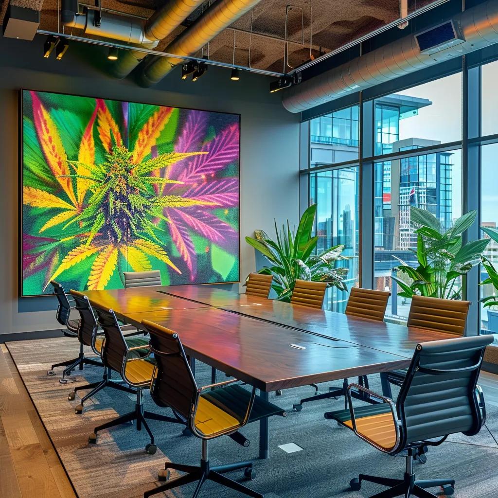 Modern conference room featuring a large digital display of cannabis leaves, surrounded by a long wooden table and ergonomic chairs, emphasizing a professional atmosphere for cannabis industry discussions.