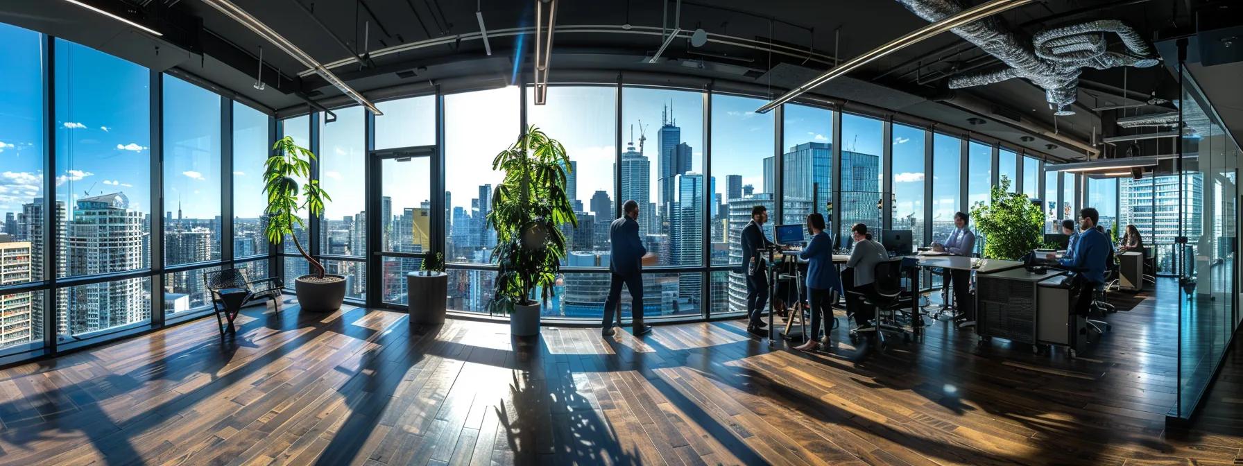 Sleek modern office interior with large windows showcasing a city skyline, featuring people engaged in discussions and work, reflecting the dynamic environment of the cannabis insurance sector in California.