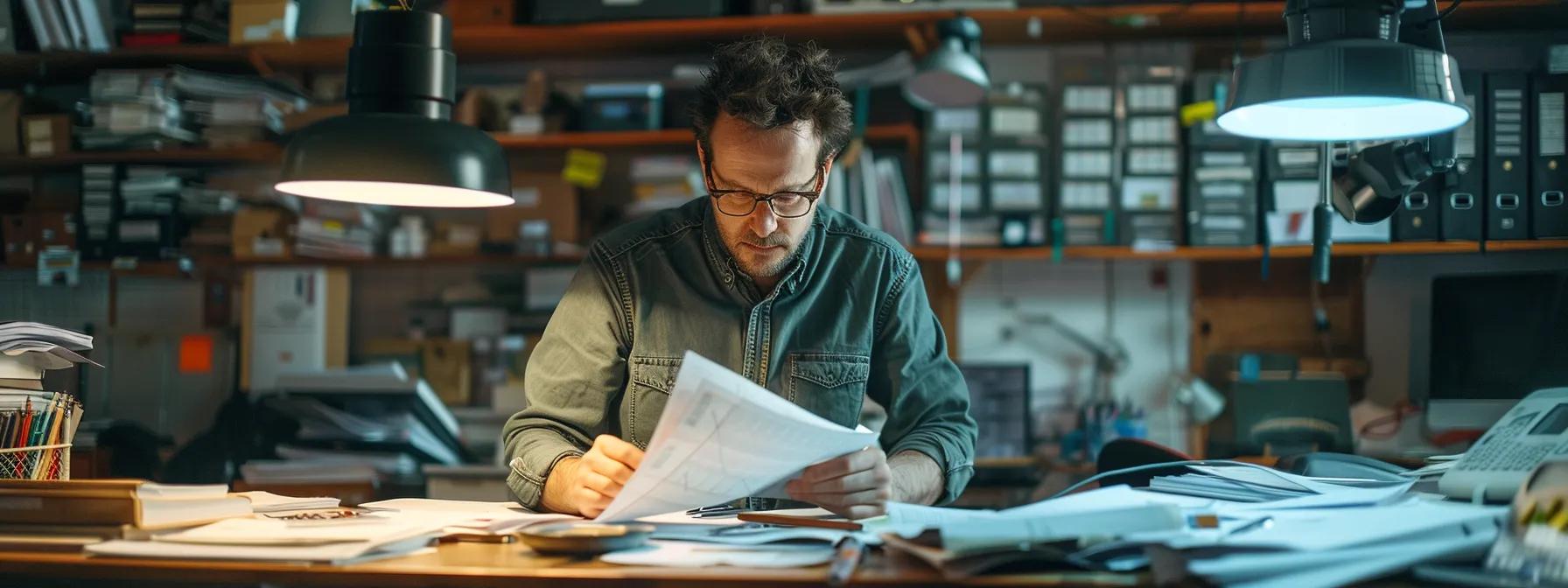 a focused office scene showcases a professional reviewing a detailed claim file, surrounded by neatly organized documents, photographs of damage, and repair estimates, all illuminated by bright overhead lights that emphasize the importance of careful documentation in the claims process.