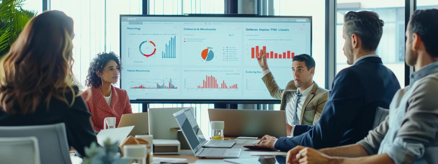 a sleek, modern office space showcases a diverse team gathered around a digital display, deeply engaged in a discussion about strategies for selecting the best vacant building insurance providers, with charts and graphs illustrating customizable policy options and competitive premiums vividly highlighted on-screen.