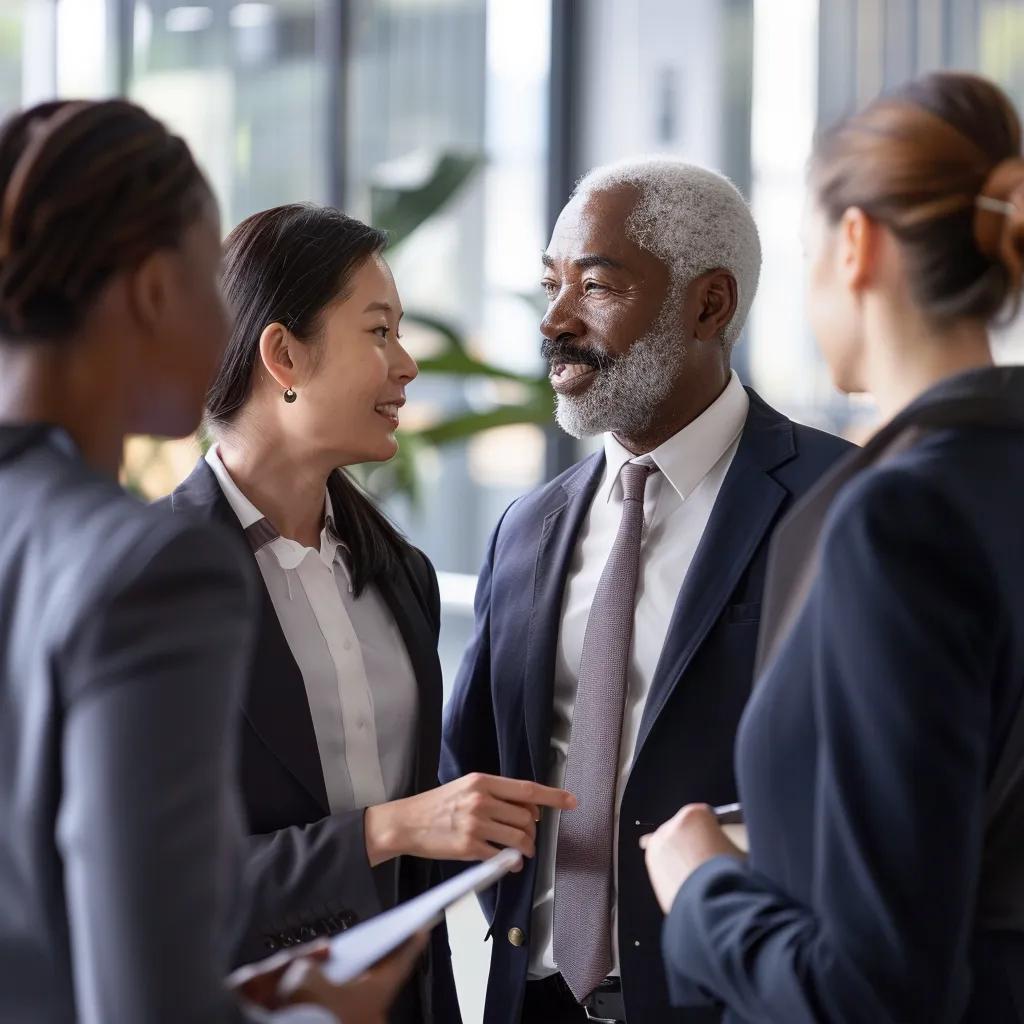 Business professionals engaging in conversation, emphasizing teamwork and leadership in a corporate setting, relevant to cannabis industry insurance discussions.