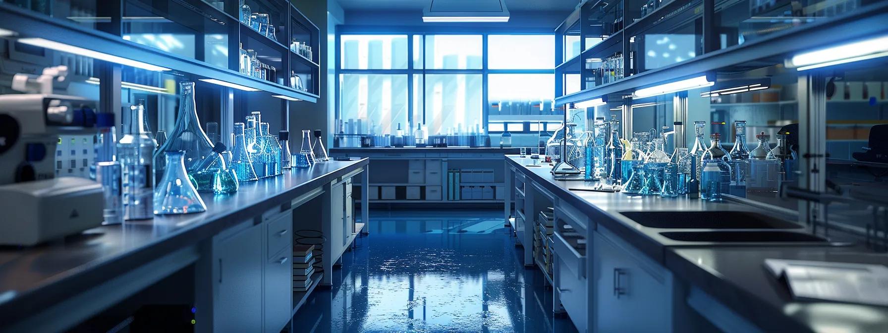 Laboratory interior with glassware and equipment, highlighting cannabis research and development environment related to Directors and Officers insurance for cannabis labs.