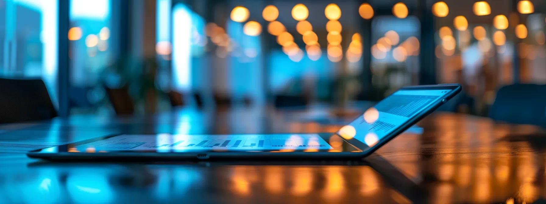 a modern office setting reveals a sleek conference table covered with an open tablet displaying a detailed insurance coverage comparison chart tailored for cannabis landlords, featuring bold headings and striking graphics under warm artificial lighting.