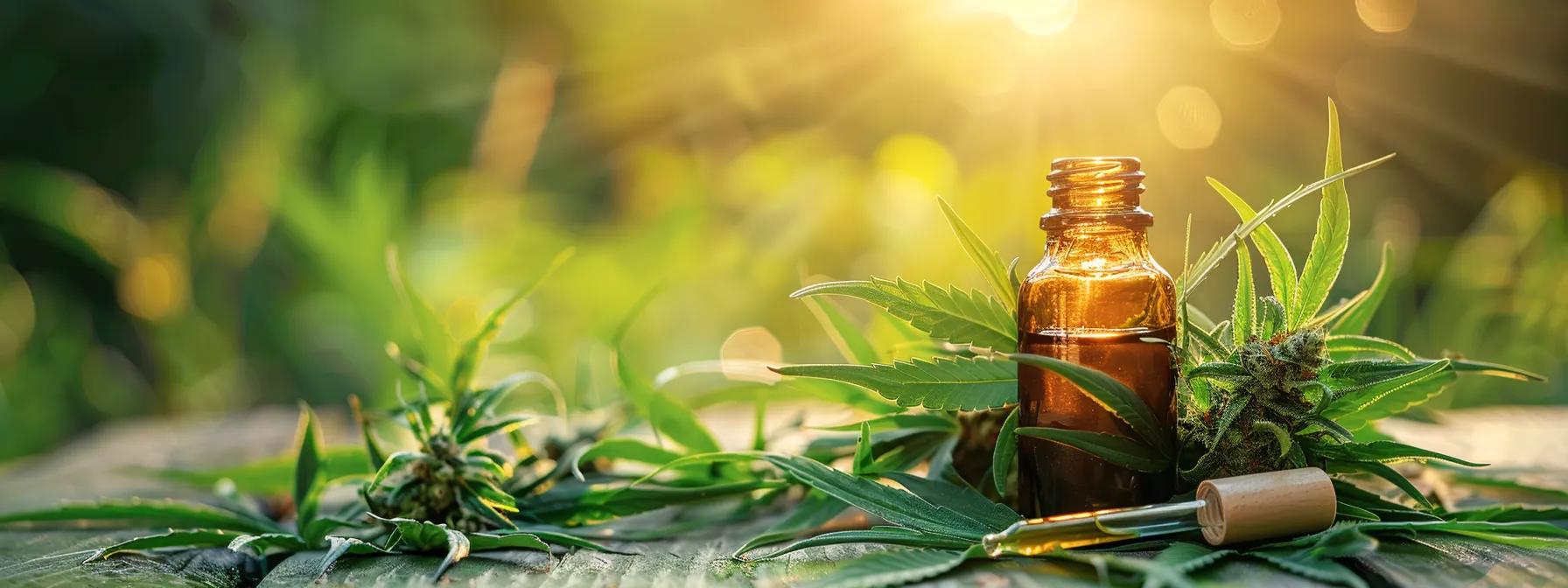 Amber glass bottle with dropper surrounded by cannabis leaves and buds, illuminated by sunlight, representing CBD and hemp products in the context of cannabis dispensary insurance.