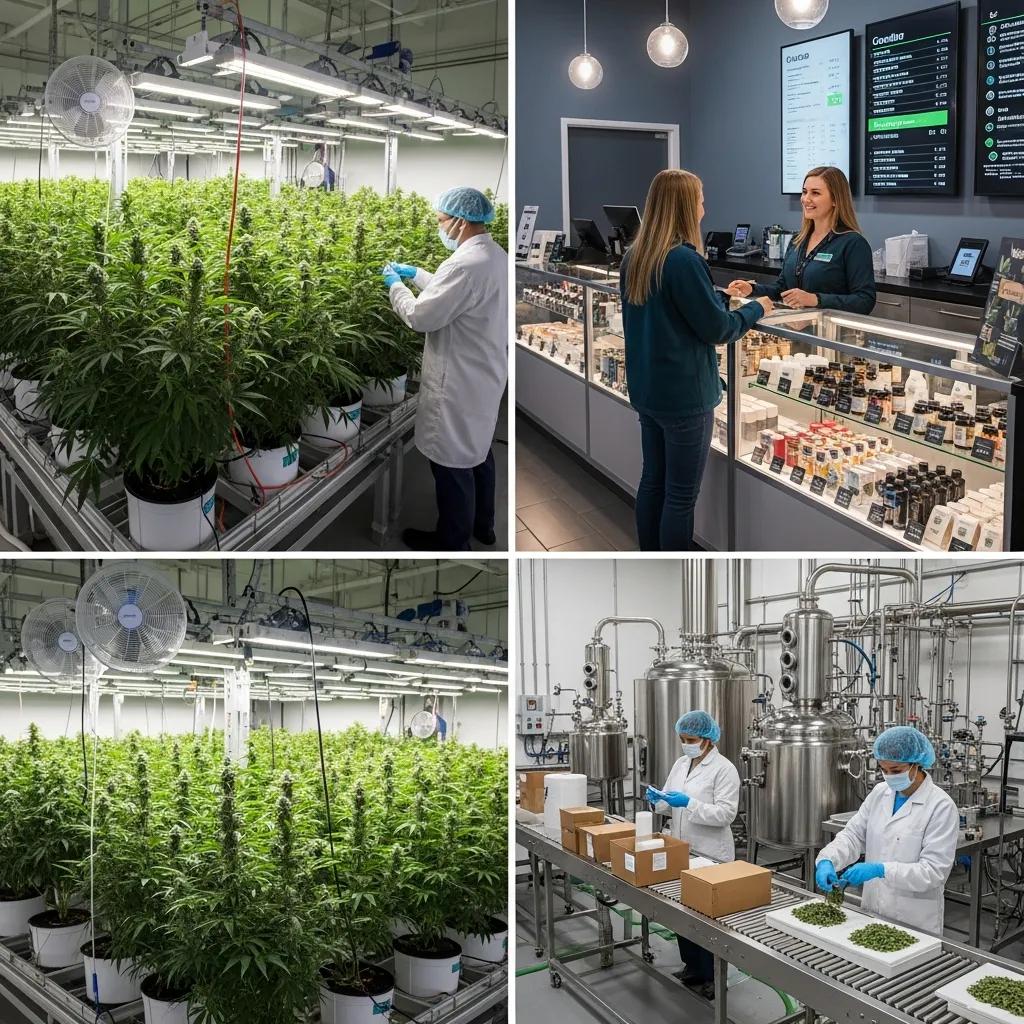 Visual representation of cannabis business models: cultivation, dispensary, and manufacturing