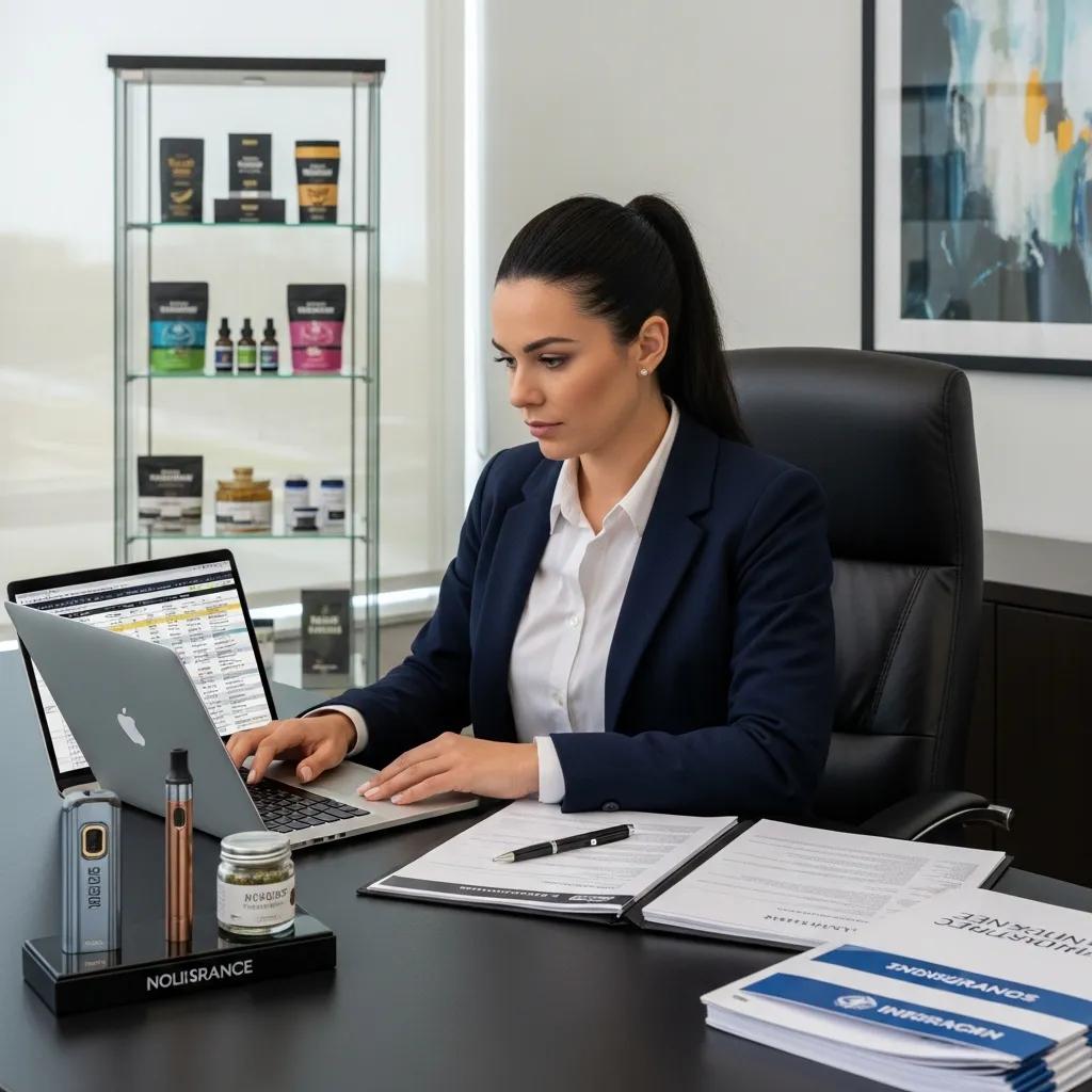 Business owner evaluating insurance quotes for a cannabis business, with documents and cannabis products visible
