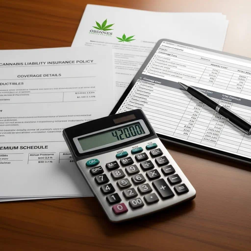 Calculator and financial documents representing cannabis liability insurance costs