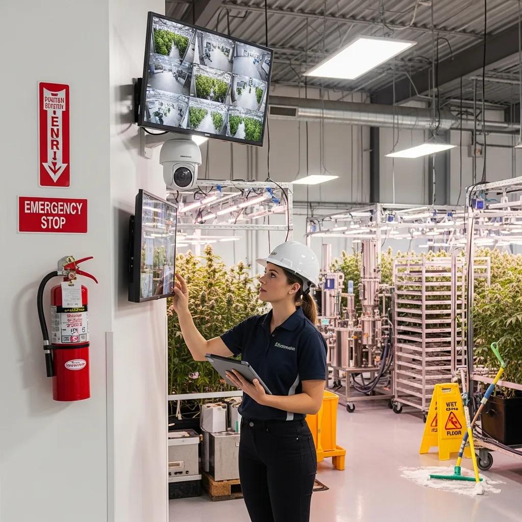 Cannabis business owner performing a safety audit with security measures in place, highlighting risk management strategies