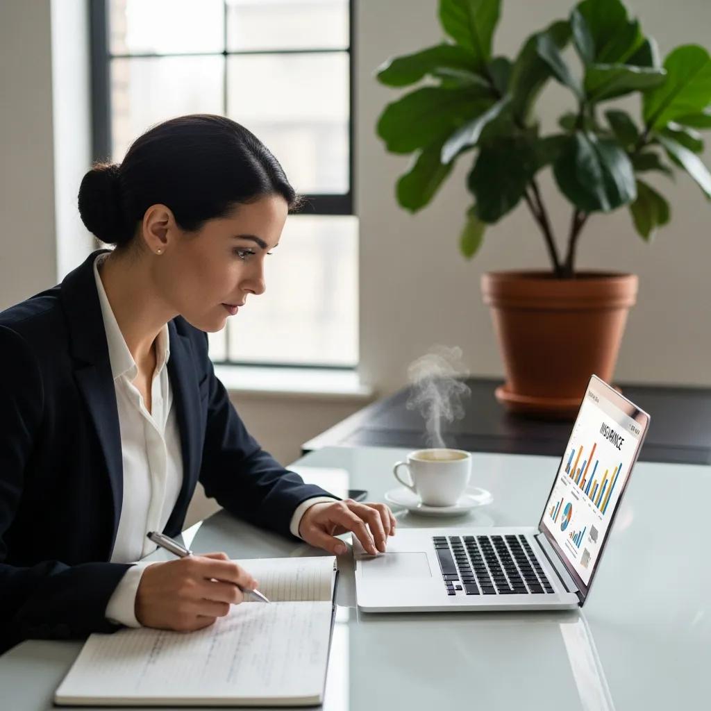 Cannabis business owner reviewing insurance quotes on a laptop in a modern office, emphasizing the insurance selection process