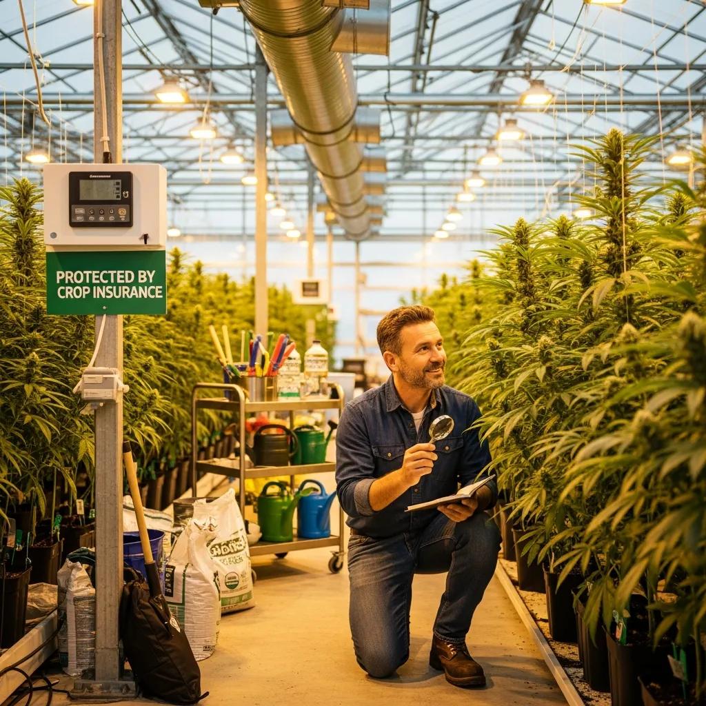 Cannabis cultivation site with healthy plants and a farmer inspecting them