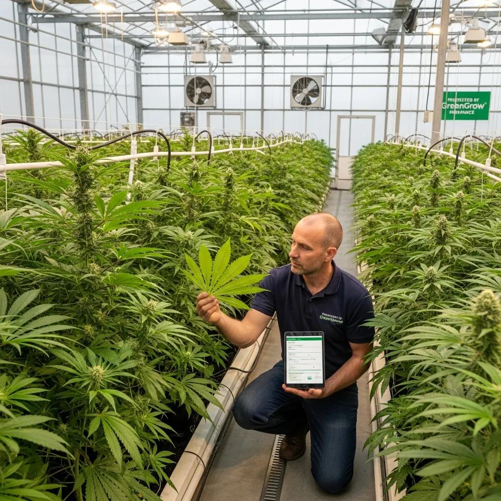 Cannabis grower inspecting healthy plants in a greenhouse, highlighting cultivation insurance