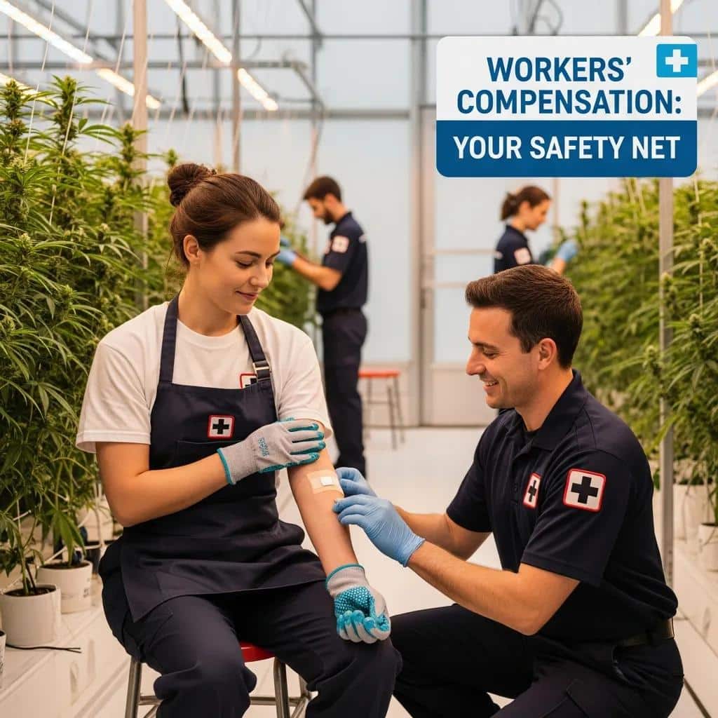 Cannabis worker receiving medical attention in a greenhouse, emphasizing workers' compensation