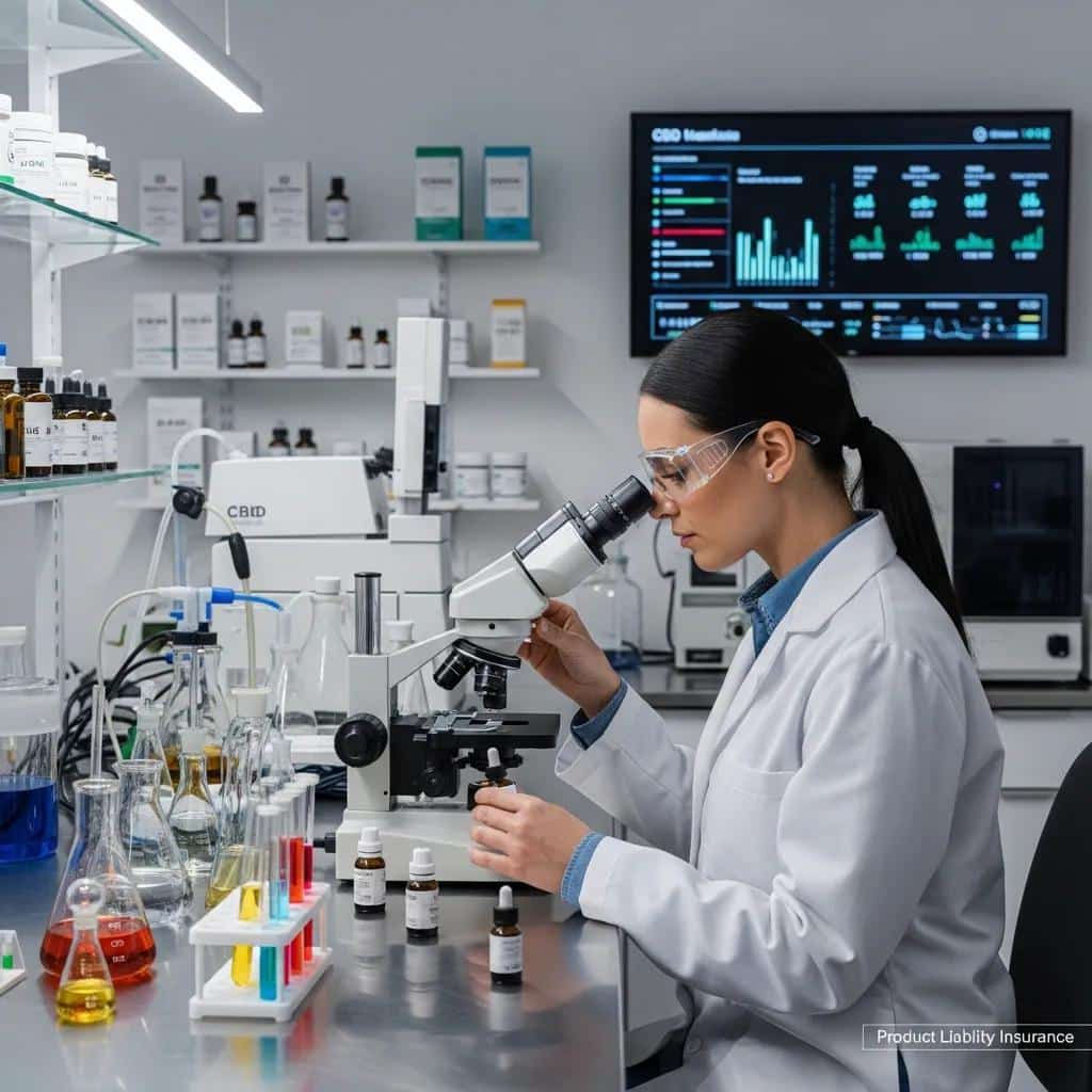 CBD product manufacturer inspecting products in a lab, highlighting the importance of product liability insurance
