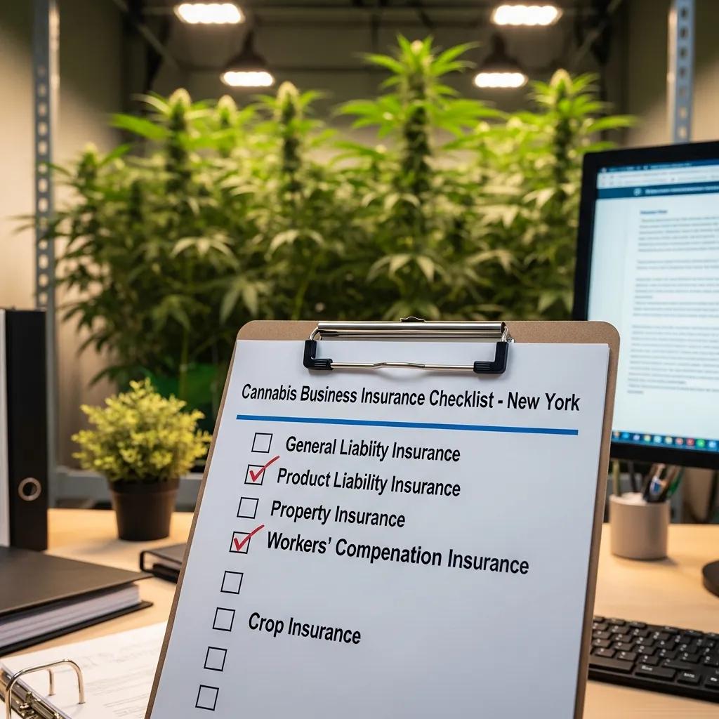 Checklist of insurance requirements for cannabis businesses in New York, emphasizing compliance and regulation