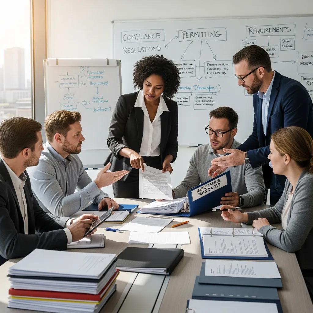 Diverse cannabis business owners discussing compliance regulations and insurance mandates in a professional environment