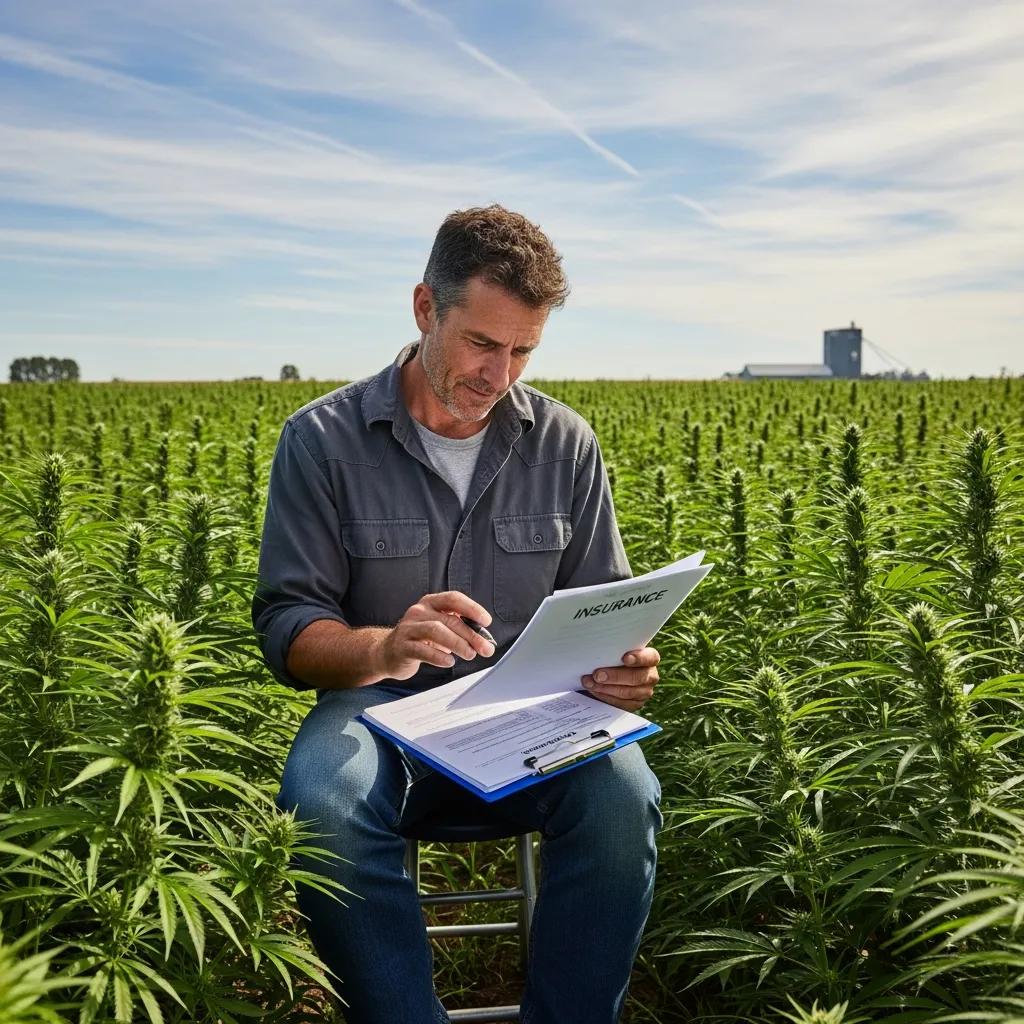 Farmer reviewing insurance documents in a hemp field, emphasizing the importance of crop insurance