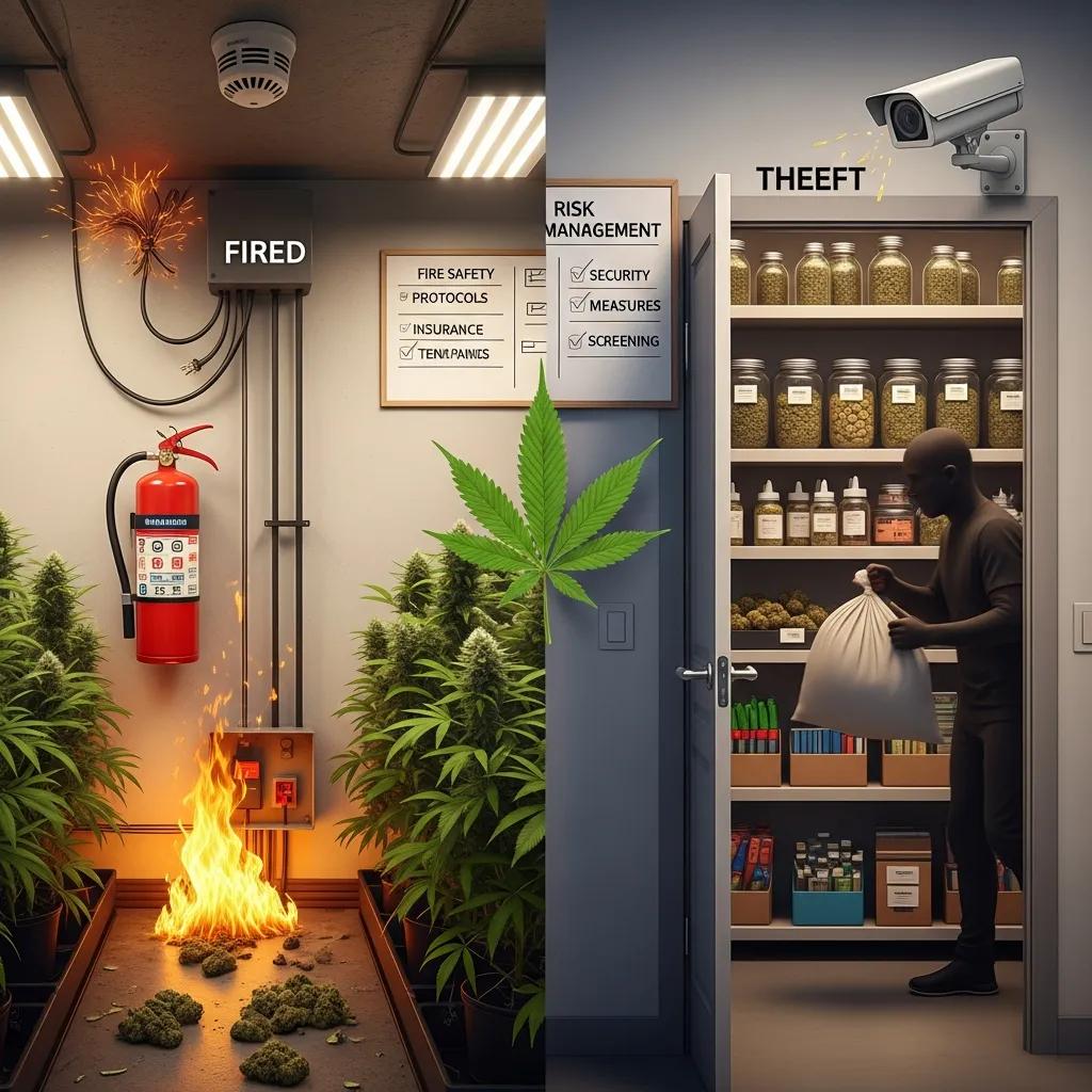 Illustration of risks for cannabis landlords including fire hazards and theft