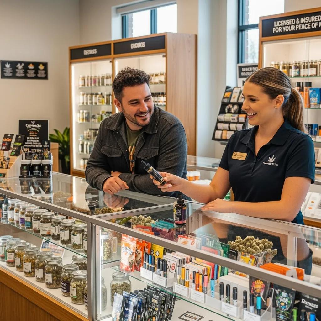 Interior of a cannabis dispensary with products on display and staff assisting customers, illustrating dispensary insurance