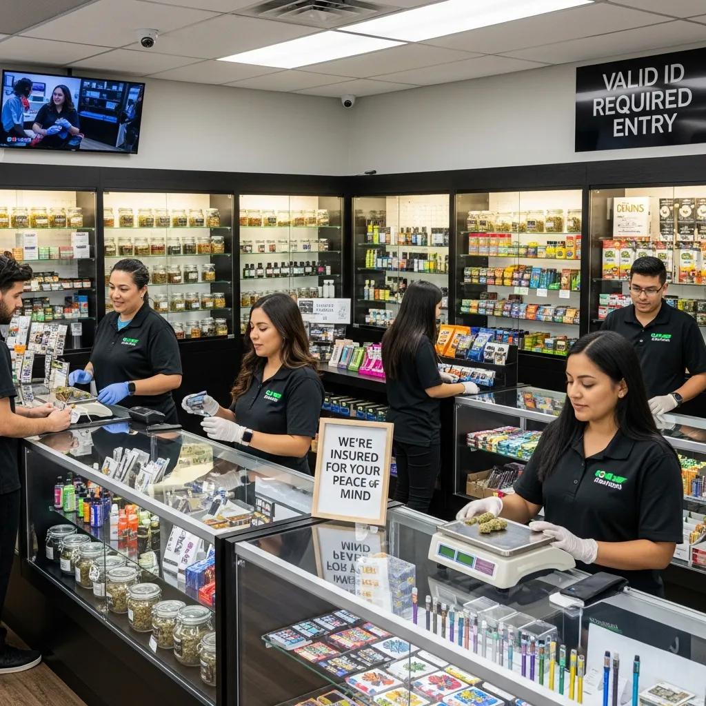 Interior of a cannabis dispensary with staff assisting customers and product displays