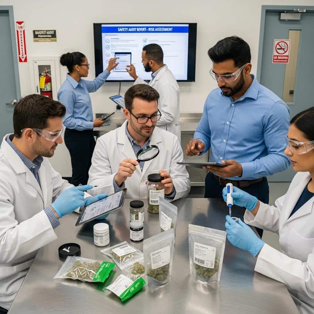 Team conducting a safety audit in a cannabis business to manage product liability risks