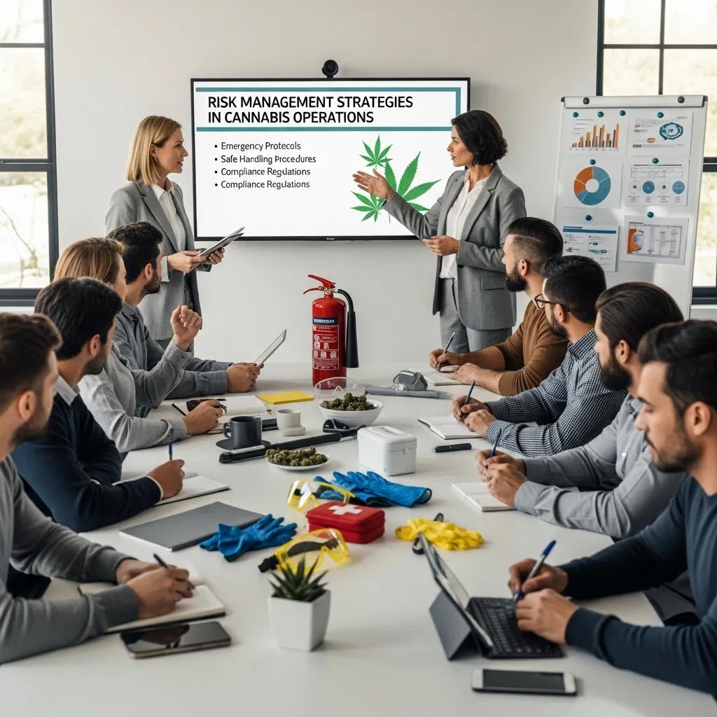Team of cannabis professionals in a safety training session, focusing on risk management and compliance strategies