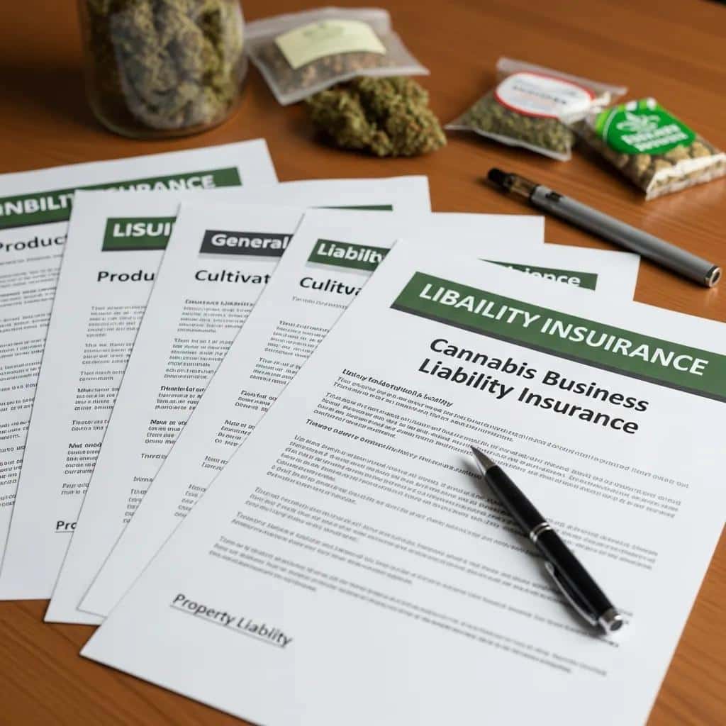 Various liability insurance documents for cannabis businesses on a desk