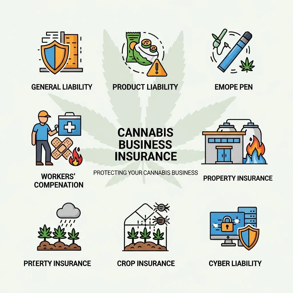 Visual representation of cannabis insurance types including general liability, product liability, and workers' compensation