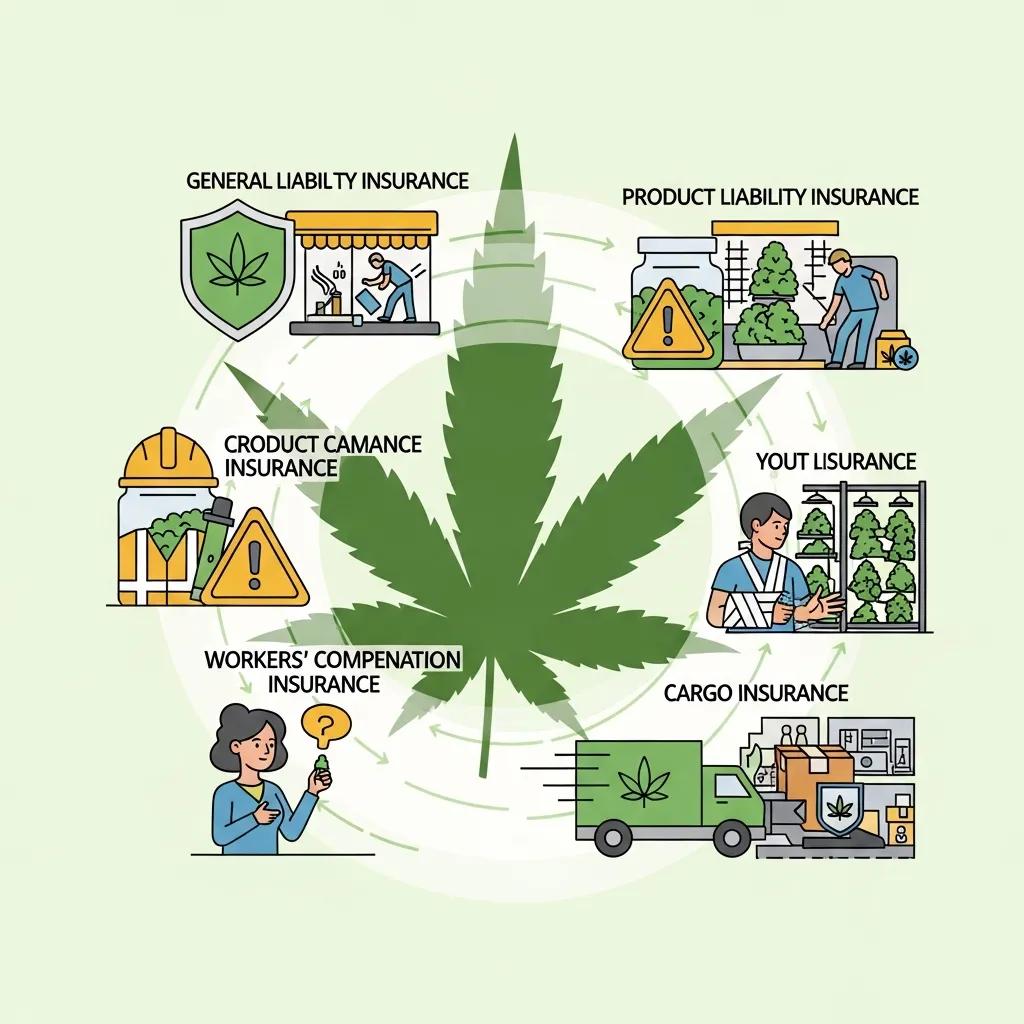 Visual representation of essential insurance policies for cannabis businesses including general liability and product liability