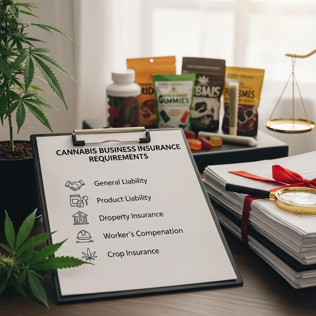 Visual representation of legal insurance requirements for cannabis businesses, featuring a checklist and cannabis imagery