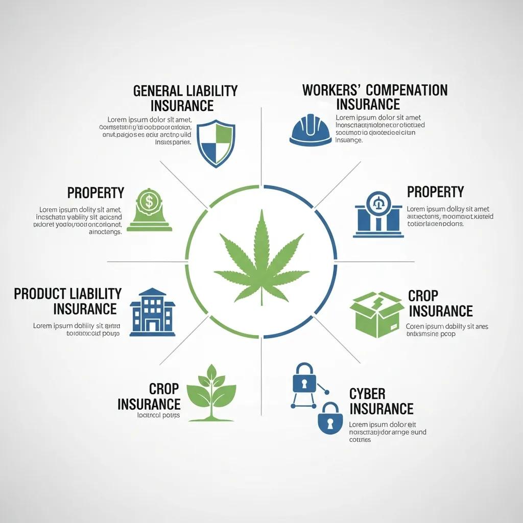 Visual representation of mandatory cannabis insurance policies including general liability and workers' compensation