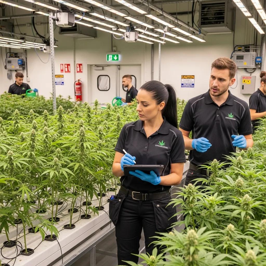 Cannabis business owner performing a risk assessment in a cultivation facility with staff
