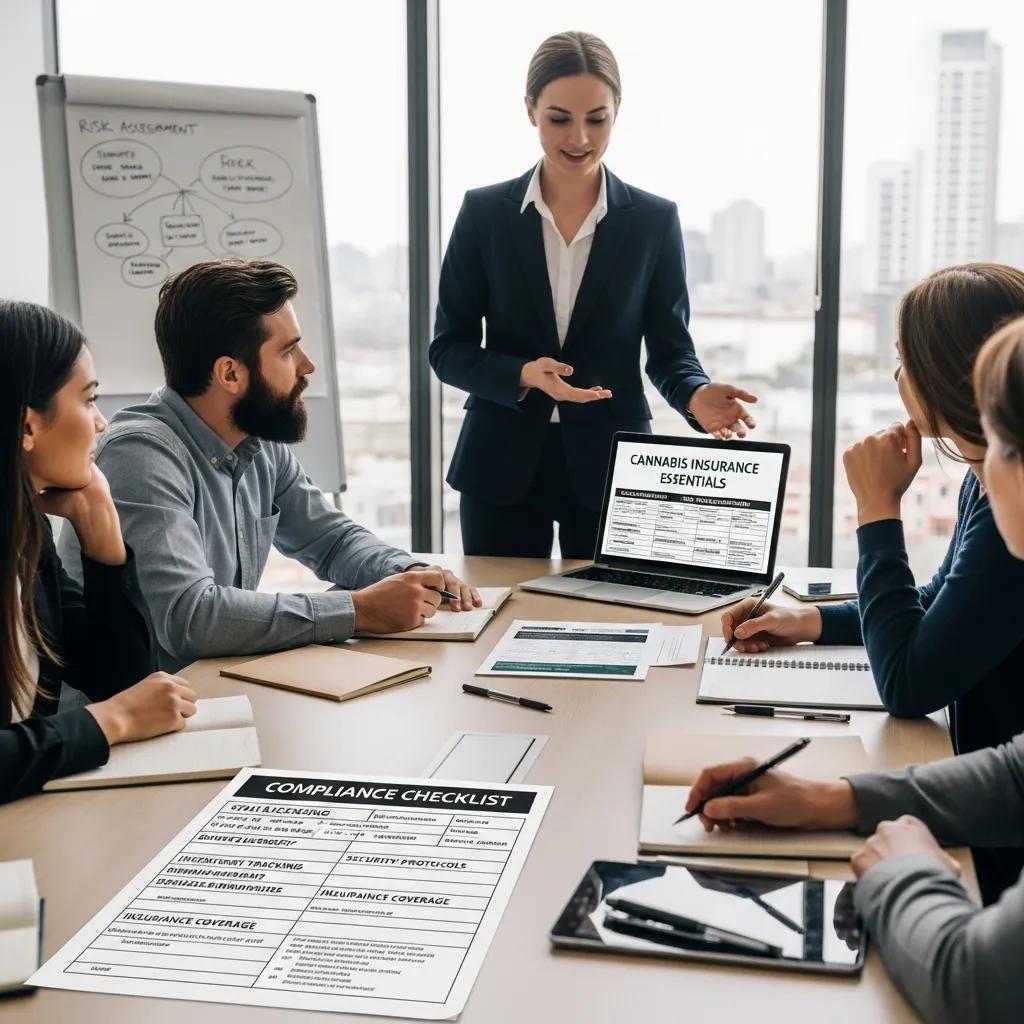 Consultant explaining cannabis insurance compliance to business owners in a meeting