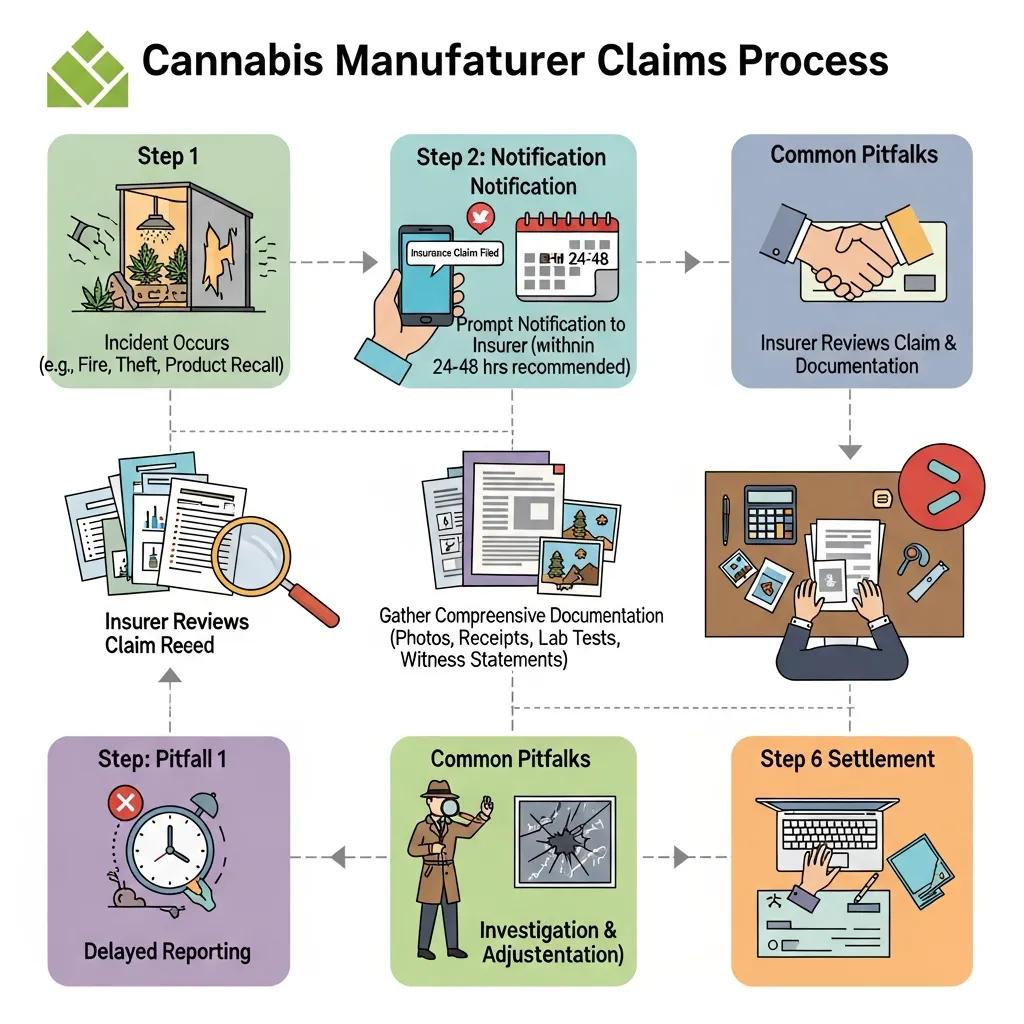 Illustration of the claims process for cannabis manufacturer insurance, highlighting key steps