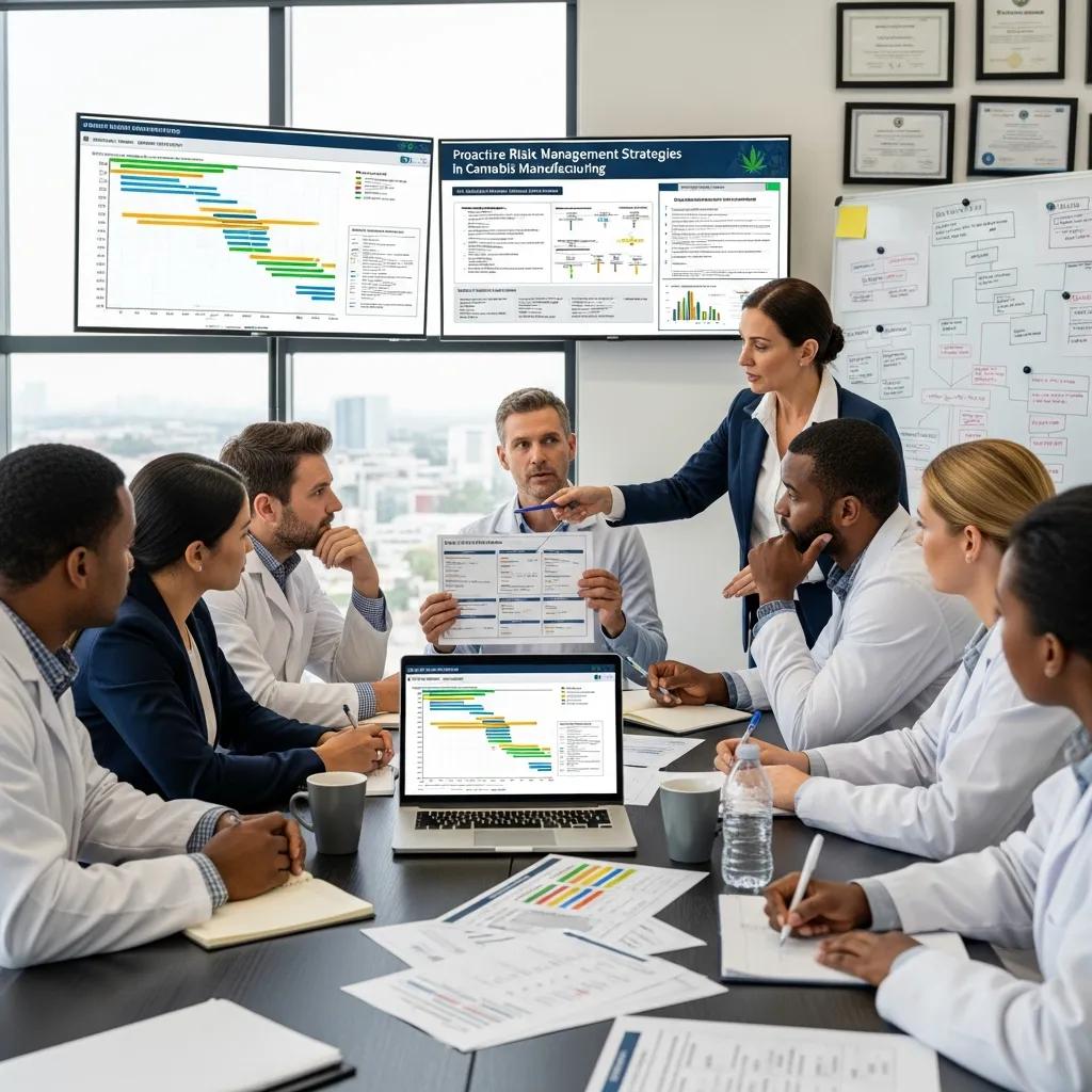 Team meeting on risk management practices in cannabis manufacturing
