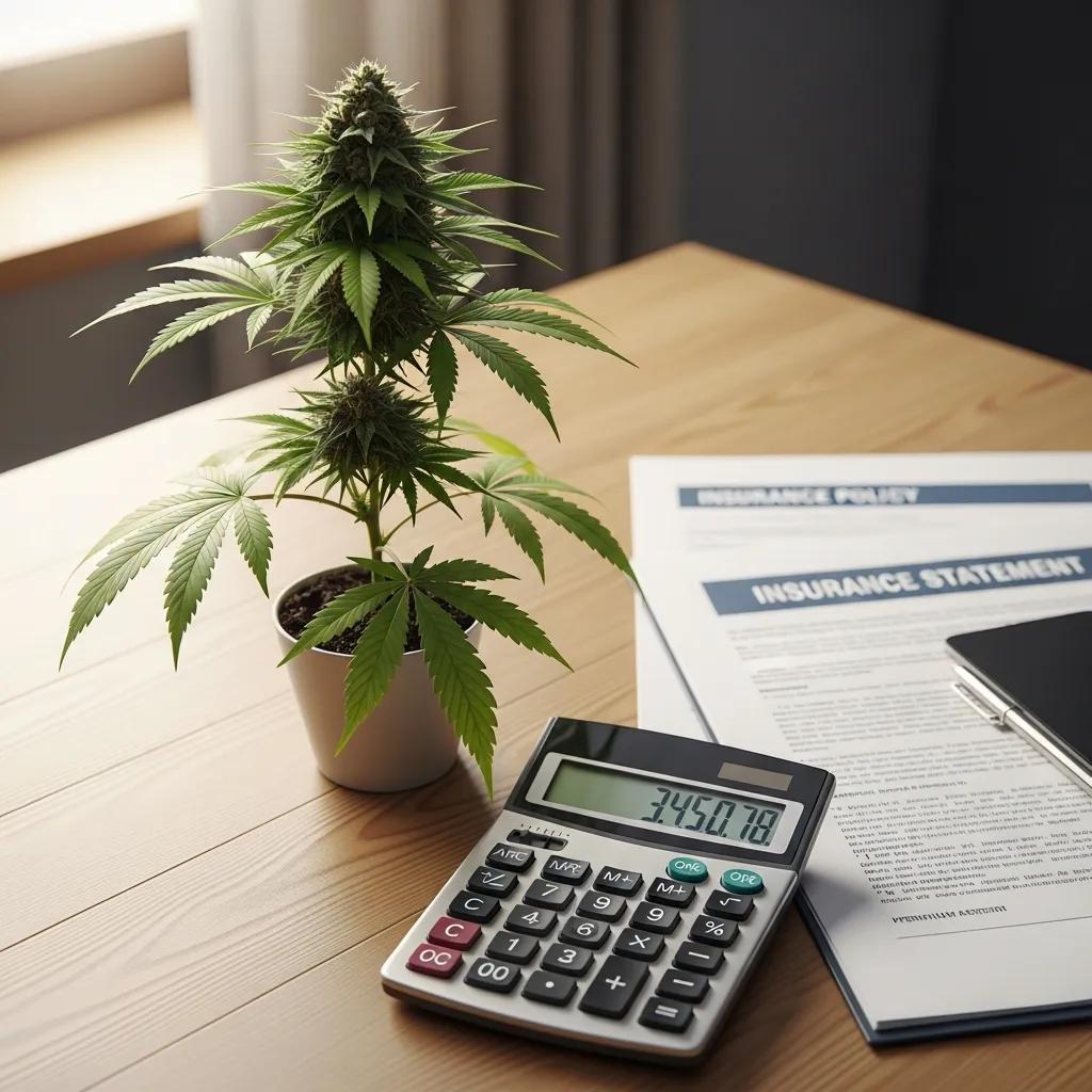 Calculator and insurance paperwork with a cannabis plant on a desk
