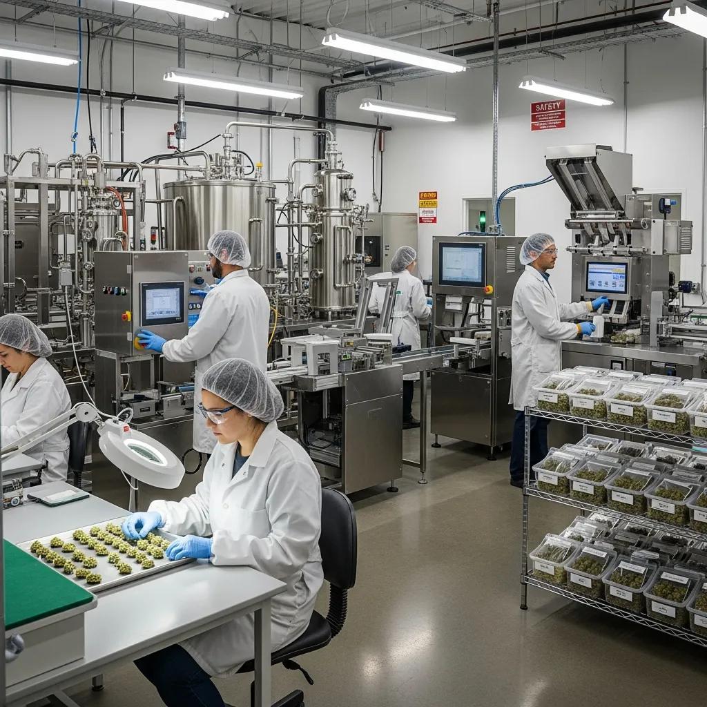 Business owner reviewing cannabis product liability insurance in a manufacturing setting