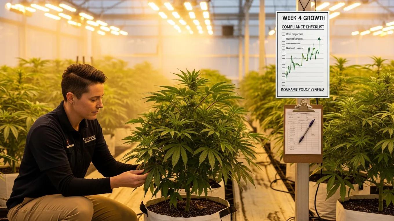 Cannabis cultivator examining healthy plants in a greenhouse, emphasizing crop insurance