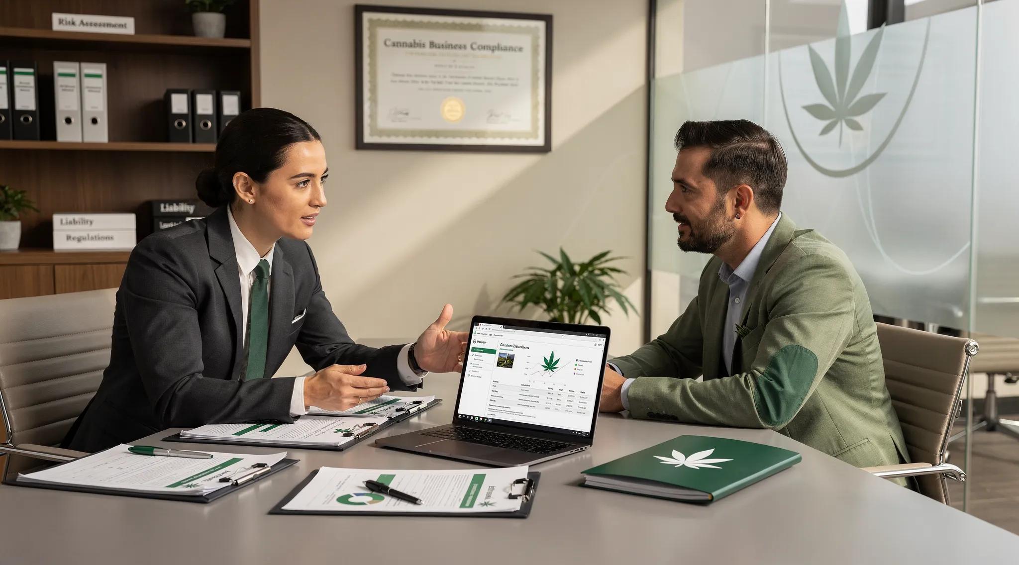 Specialized cannabis broker advising a business owner on tailored insurance policies