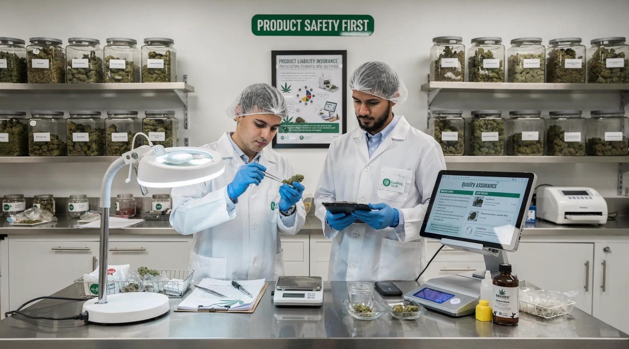 Staff inspecting cannabis products for quality assurance in a dispensary, highlighting product liability