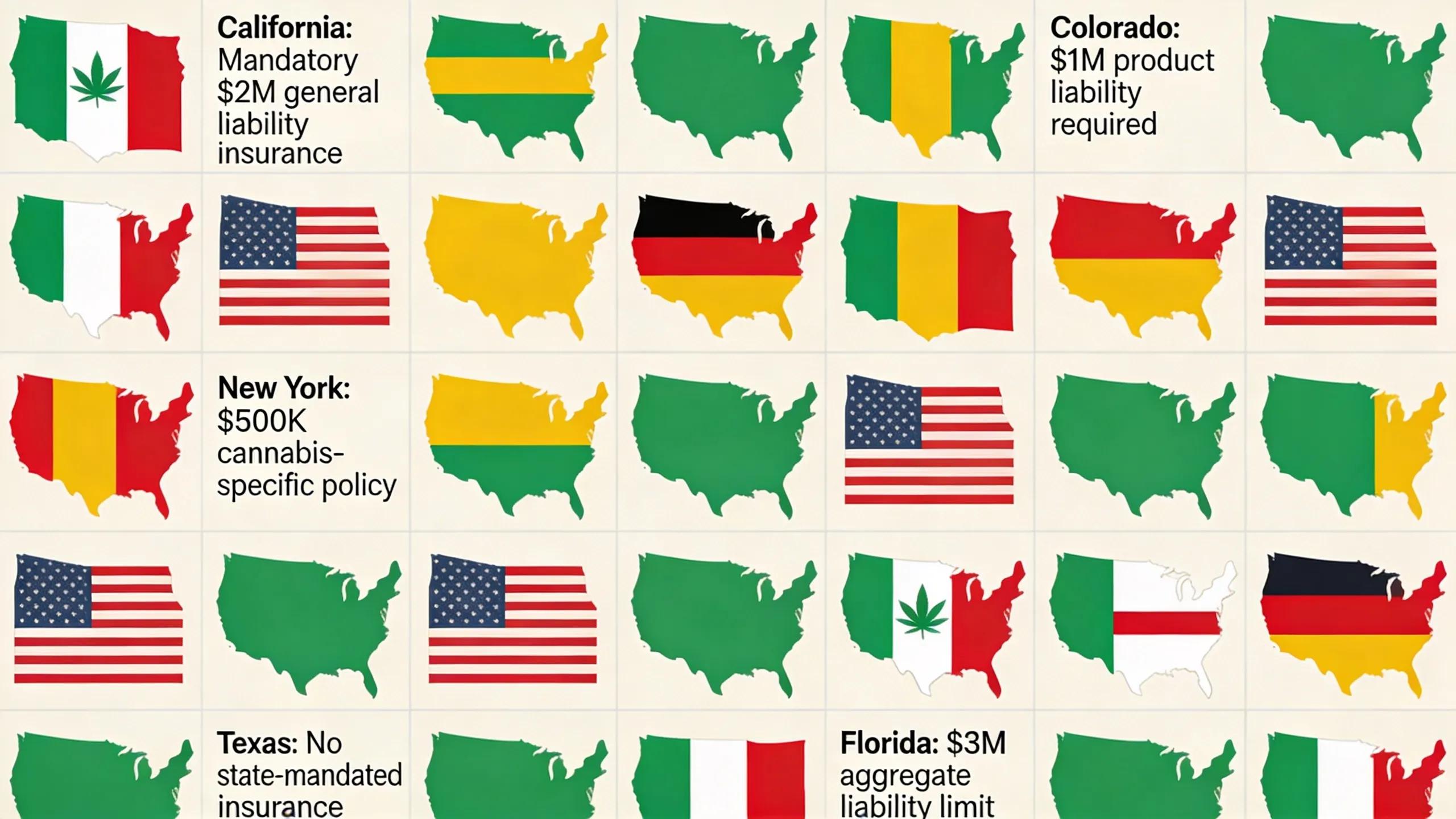 Illustration of state maps and flags symbolizing diverse cannabis insurance requirements and compliance