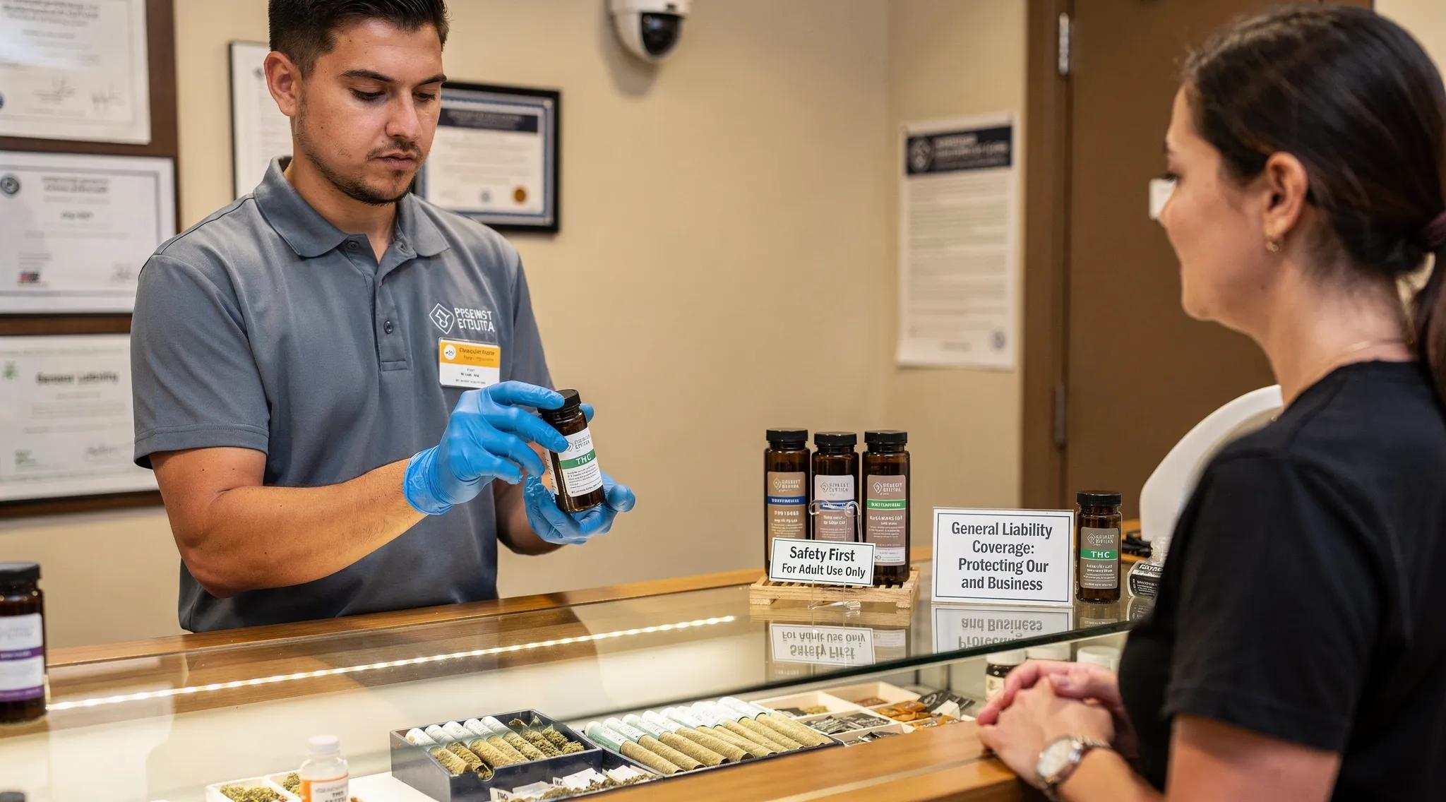 Dispensary staff assisting customers with cannabis products, emphasizing safety and liability