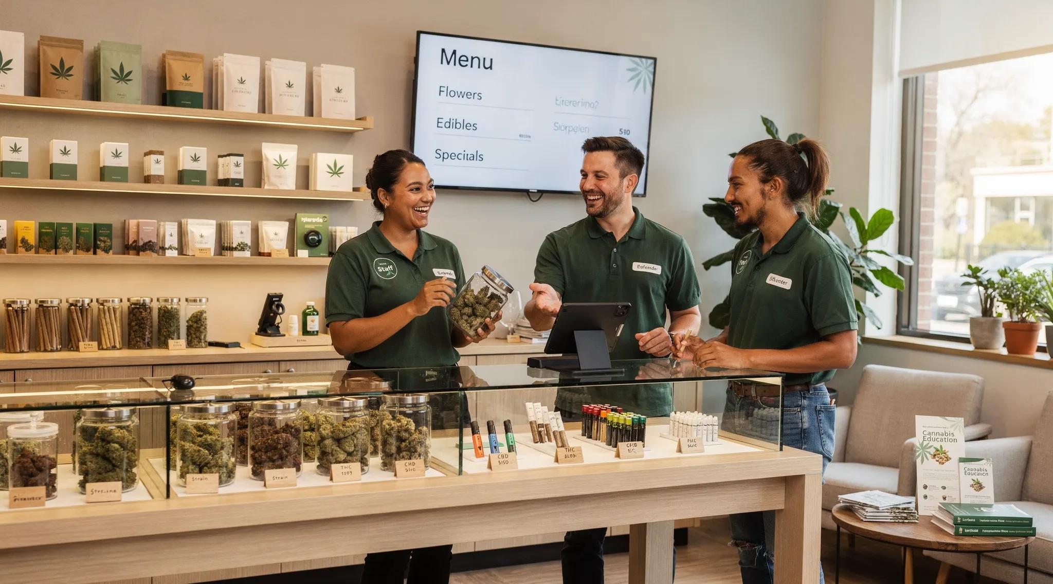 Modern cannabis dispensary showcasing products and staff in a welcoming environment