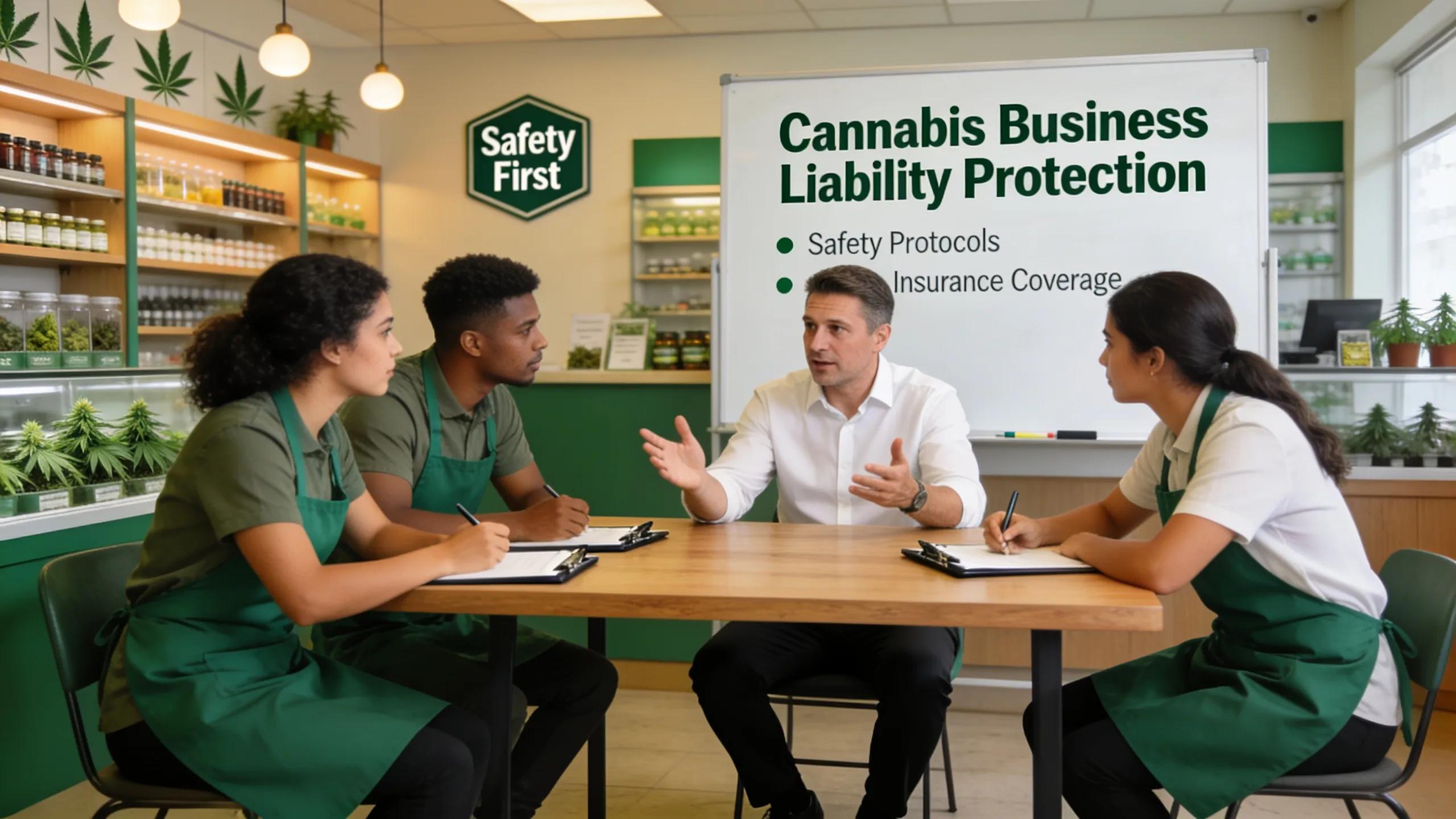 Dispensary manager consulting with staff on safety and insurance measures, reflecting liability protection in cannabis businesses.