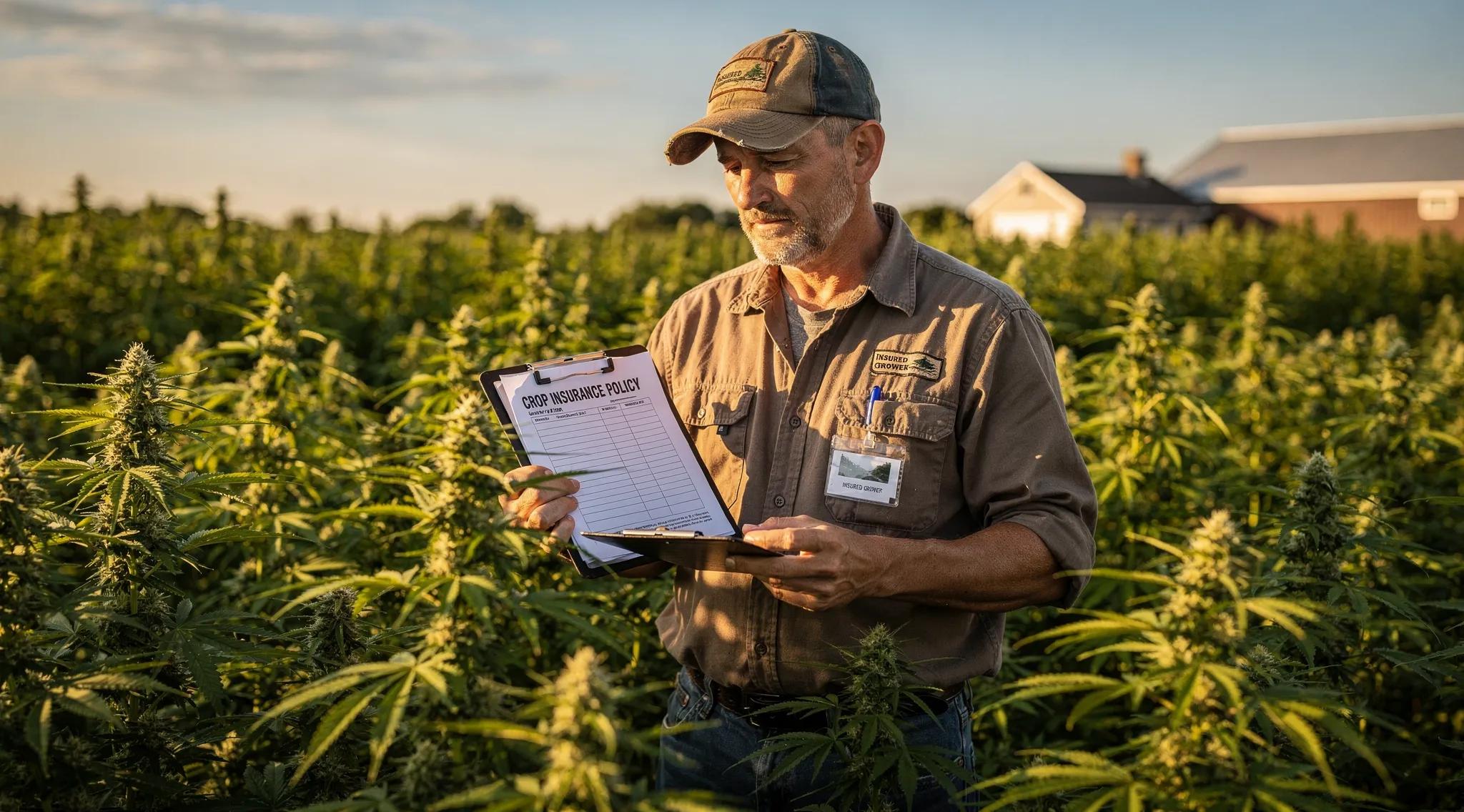 Farmer inspecting cannabis plants covered by crop insurance